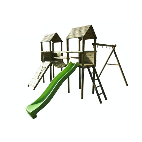 Speeltoren LAURA met glijbaan en klimvloer en hangbrug